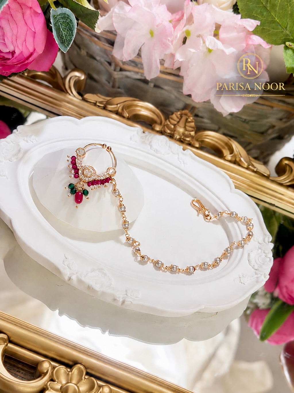 Saakhi Moissanite Nose Ring with Pearl Chain