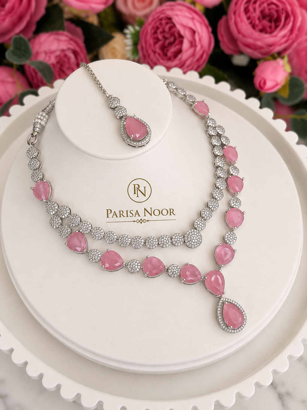 Aarini Luxury Pink AD Necklace Set