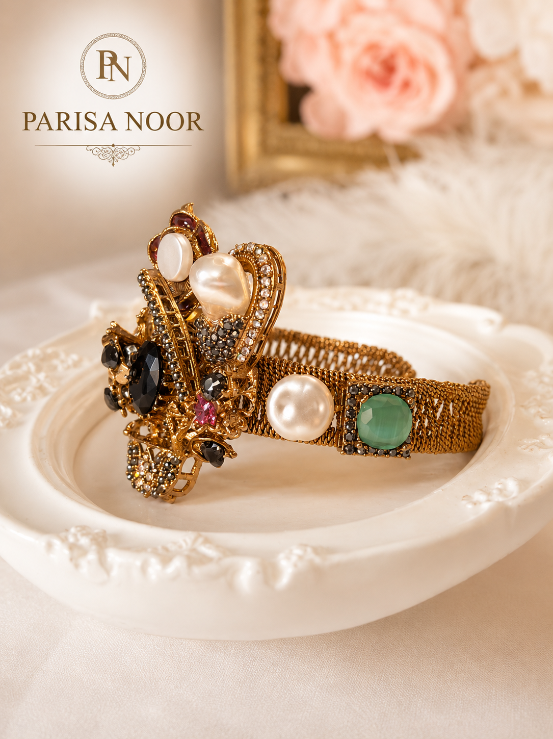 Elif Luxury Turkish Gemstone Statement Green Multi Cuff Bangle