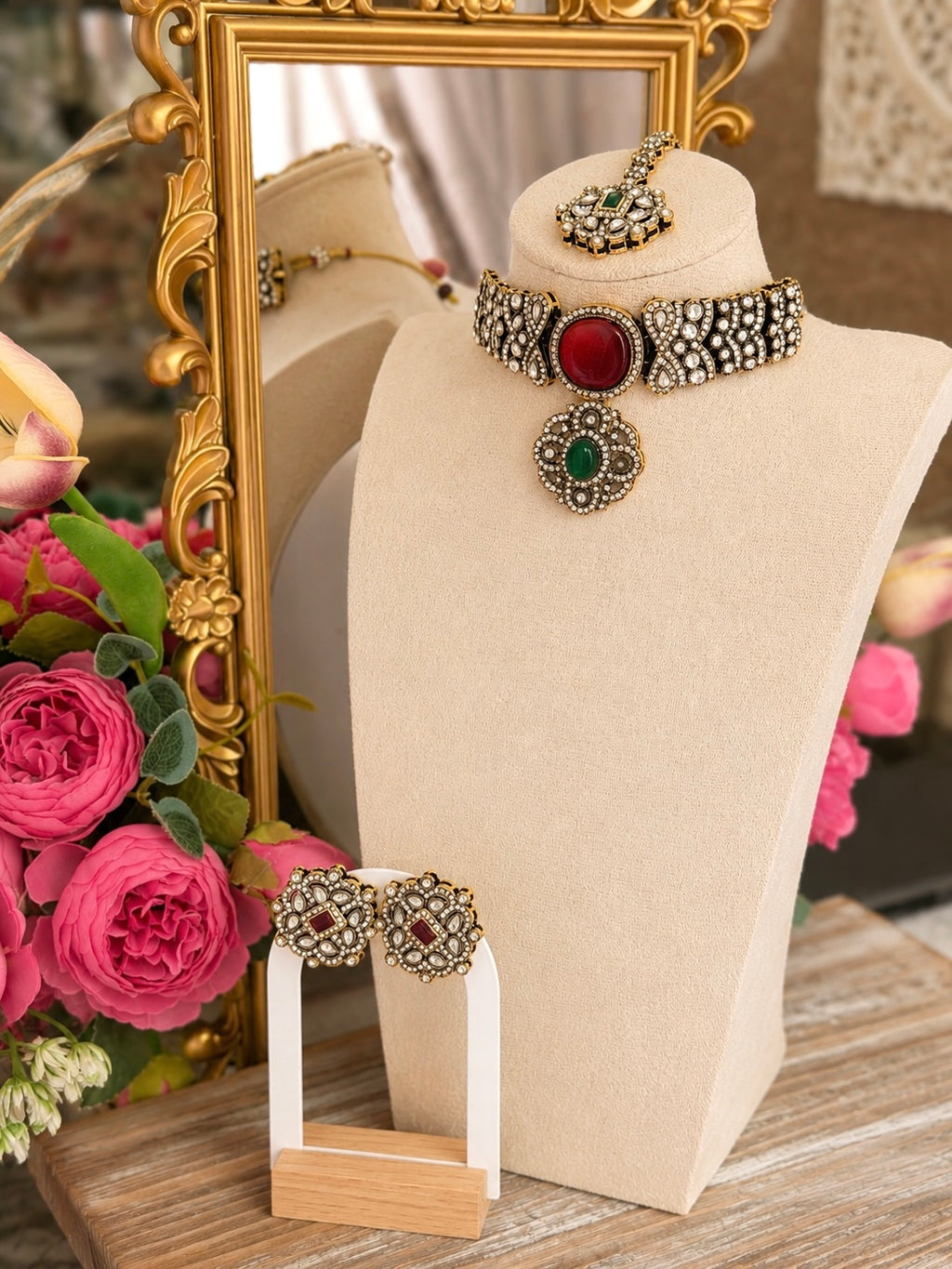 Ramesha Designer Kundan Choker Set - Red & Green
