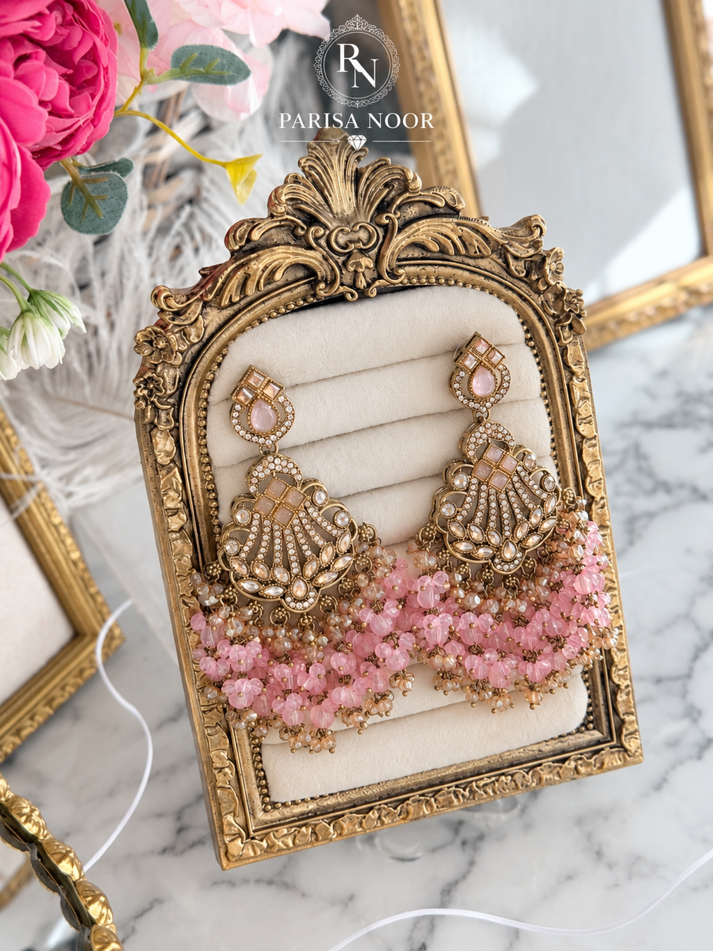 Inara Pink Kundan Beaded Chandbali Earrings