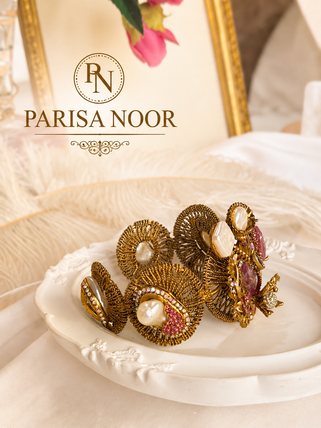Lale Luxury Turkish Pearl & Rose Cuff Bangle