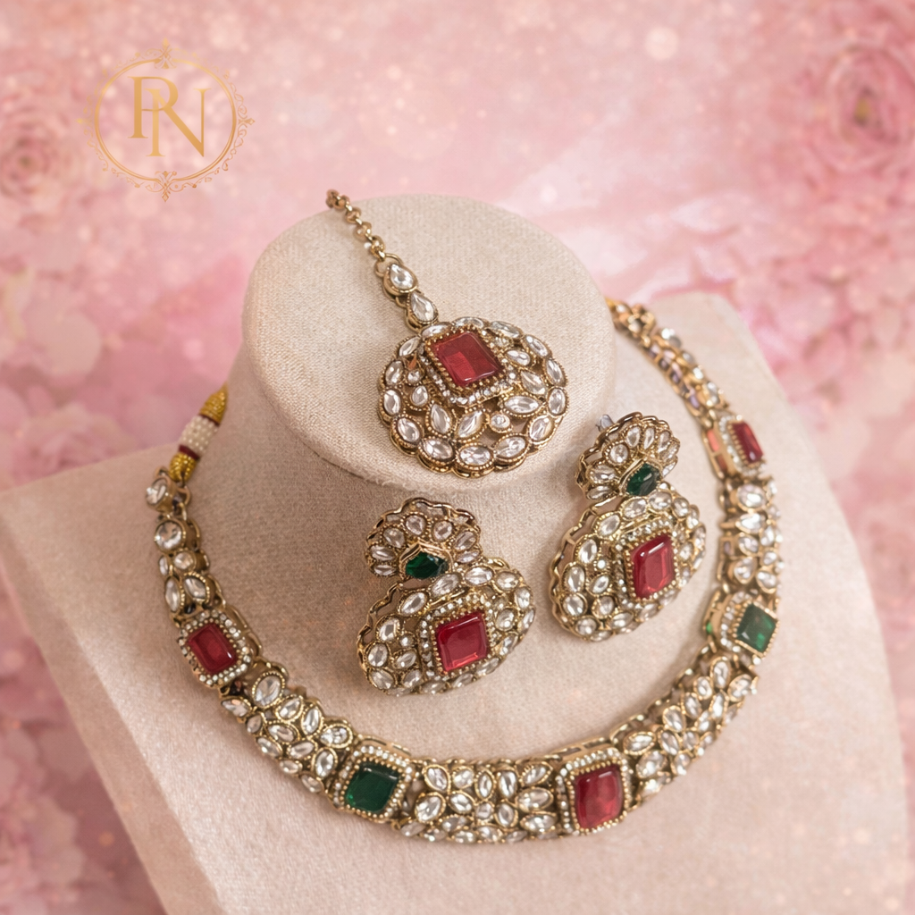 Zaina Kundan Necklace Set in Green  and Pink Ruby