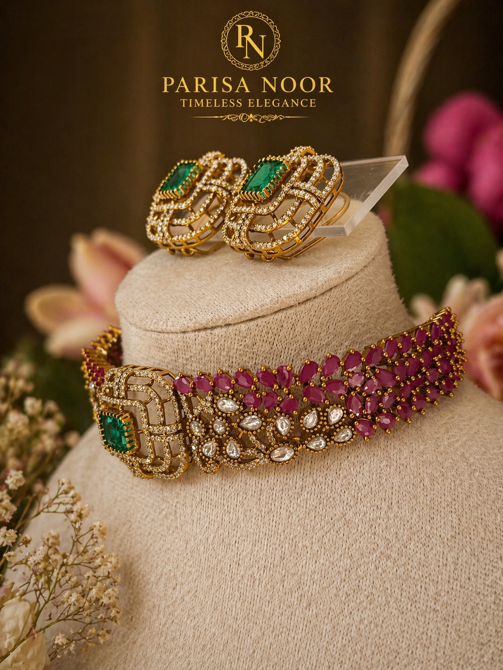 Rose Emerald Luxury Victorian Choker Necklace Set