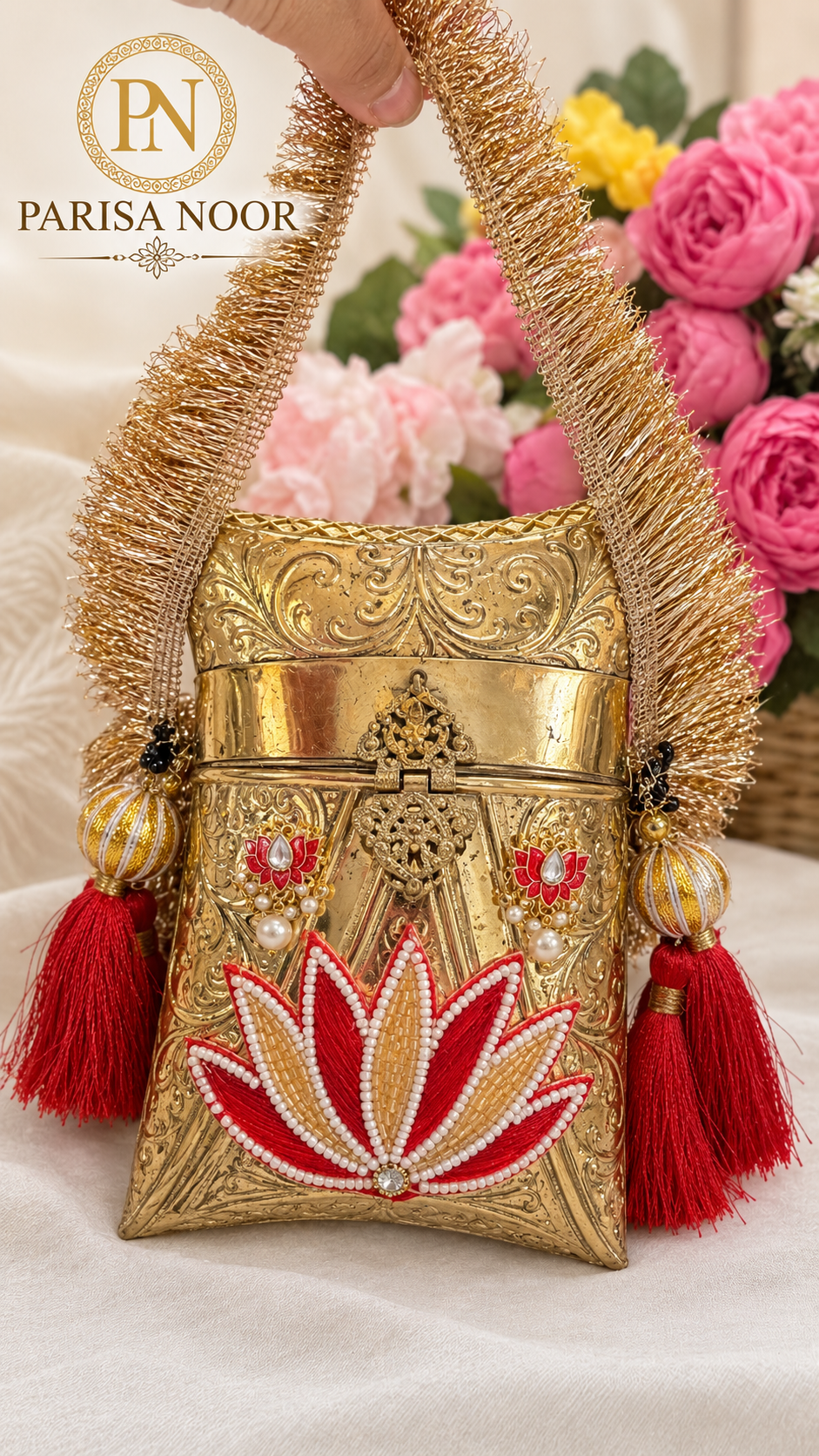 Shefali Red Lotus Brass Clutch Handbag