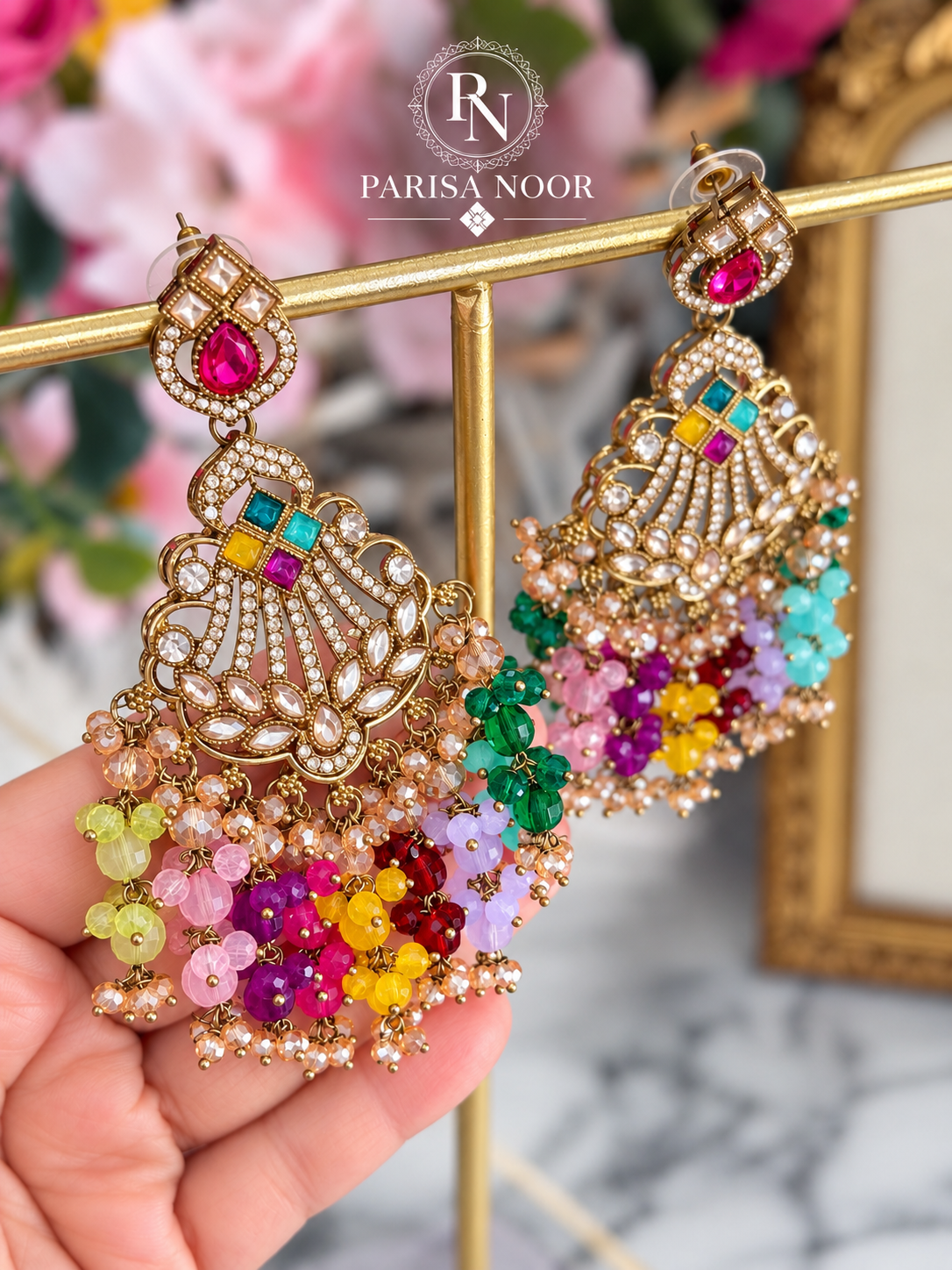 Zavelle Multicolour Kundan Beaded Chandbali Earrings