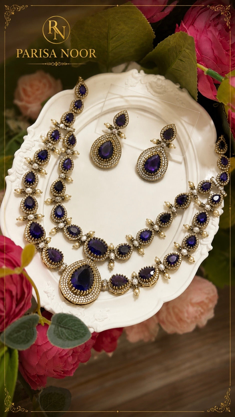 Leena Amethyst Victorian AD Double Layer Necklace Set