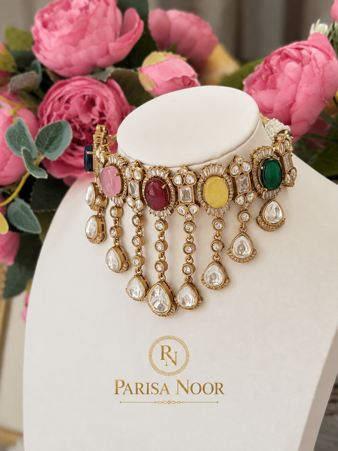Zareefa Multicolour Waterfall Kundan Necklace Set