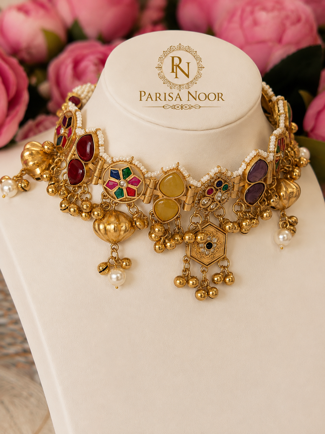 Aabroo Multicolour Ghungroo Heritage Choker Necklace Set