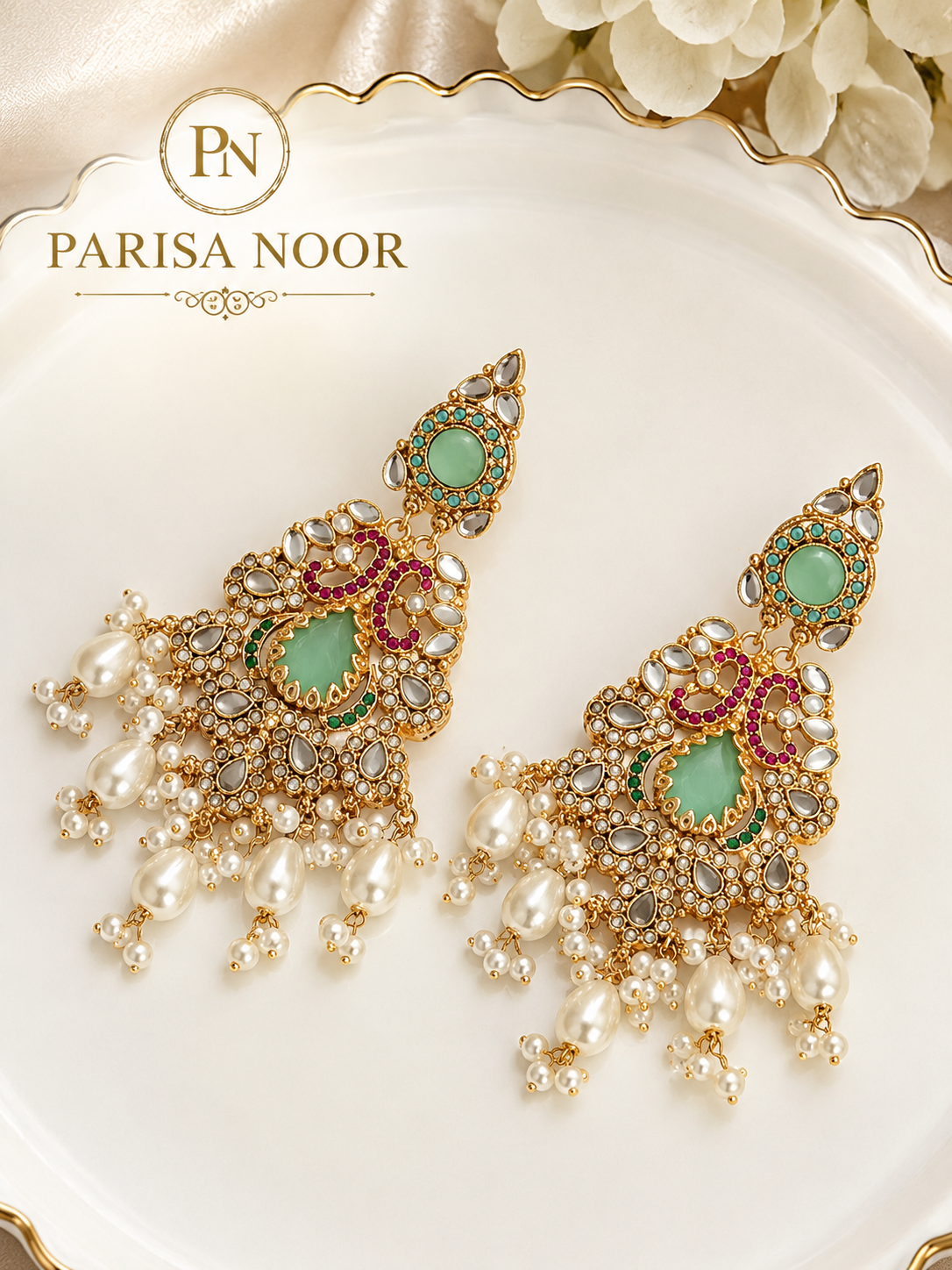 Esra Luxury Turkish Mint Green Statement Earrings