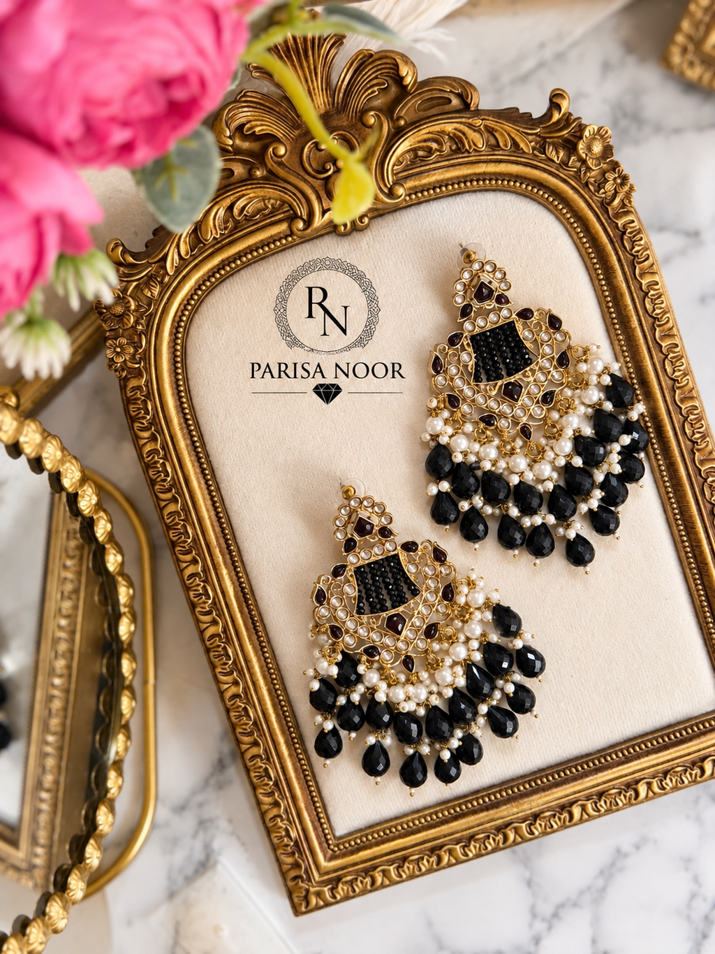 Kavira Black Kundan Pearl Chandbali Earrings