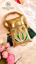 Shefali Emerald Lotus Brass Clutch Handbag