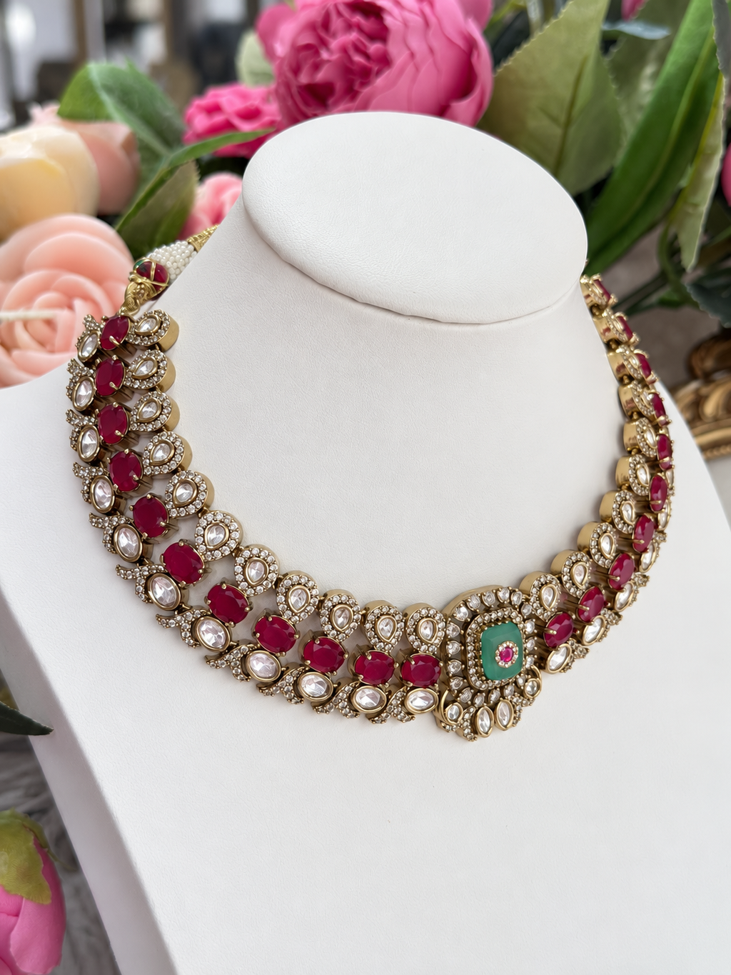 Elvaira Ruby Pink & Mint Green Premium Victorian Designer Necklace Set