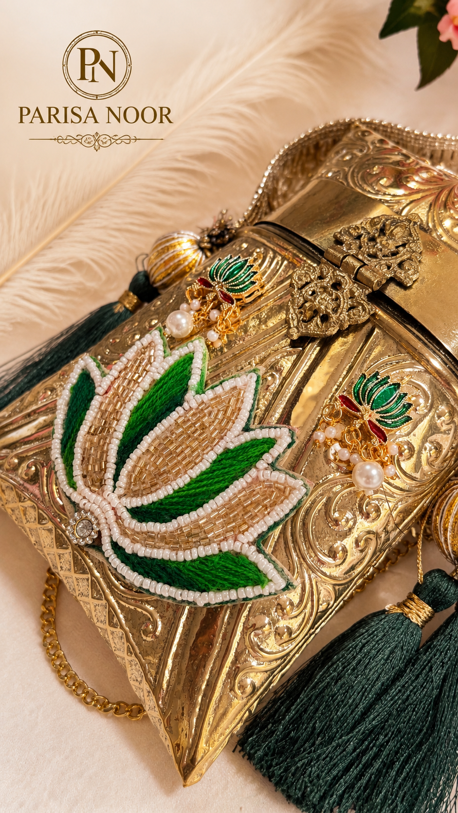 Shefali Emerald Lotus Brass Clutch Handbag