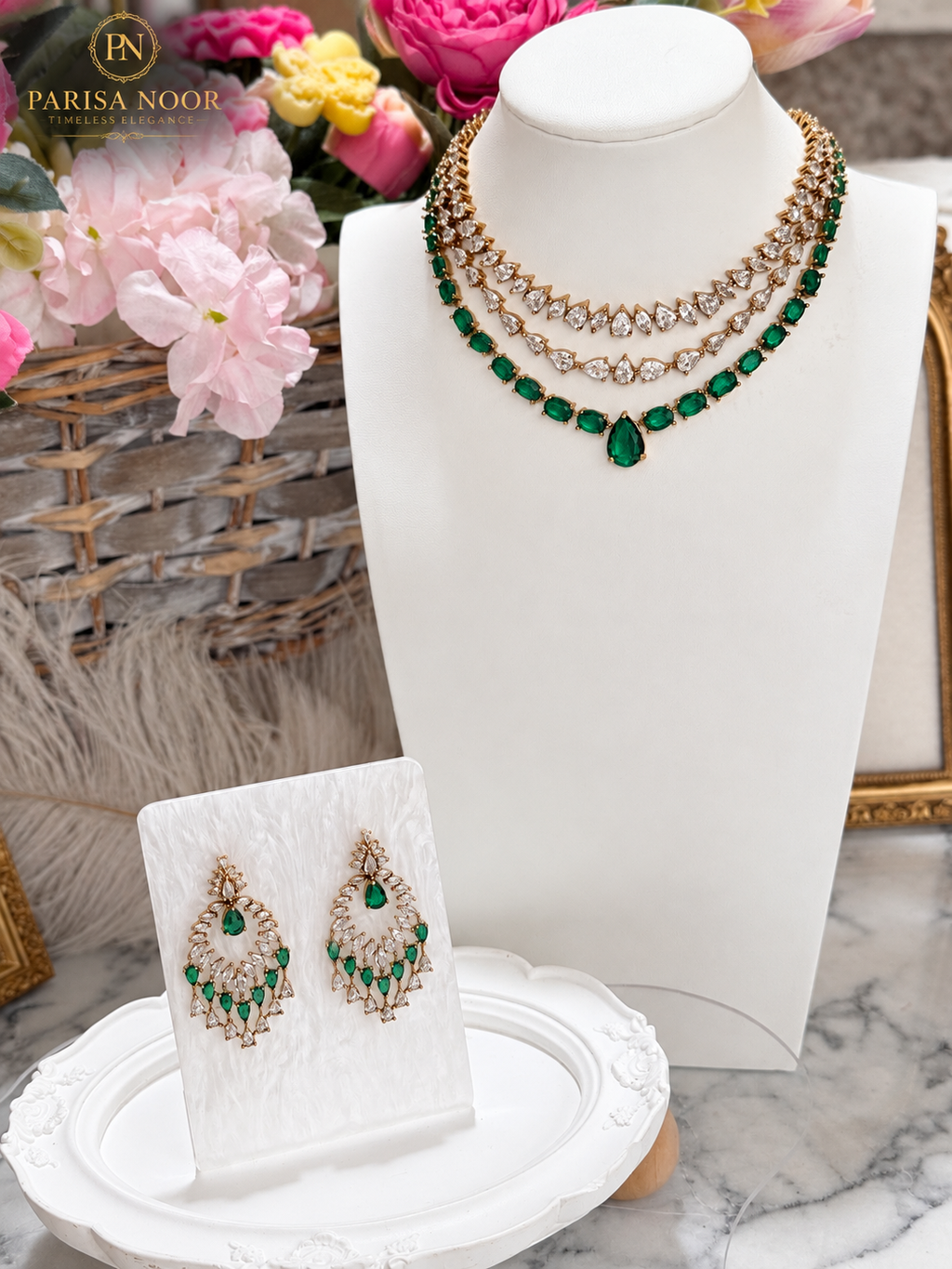 Avelora Layered Emerald Victorian AD Necklace Set