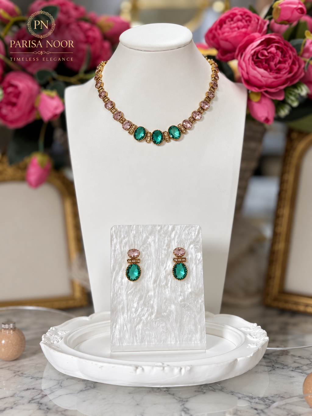 Liora Pink & Emerald Victorian AD Necklace Set
