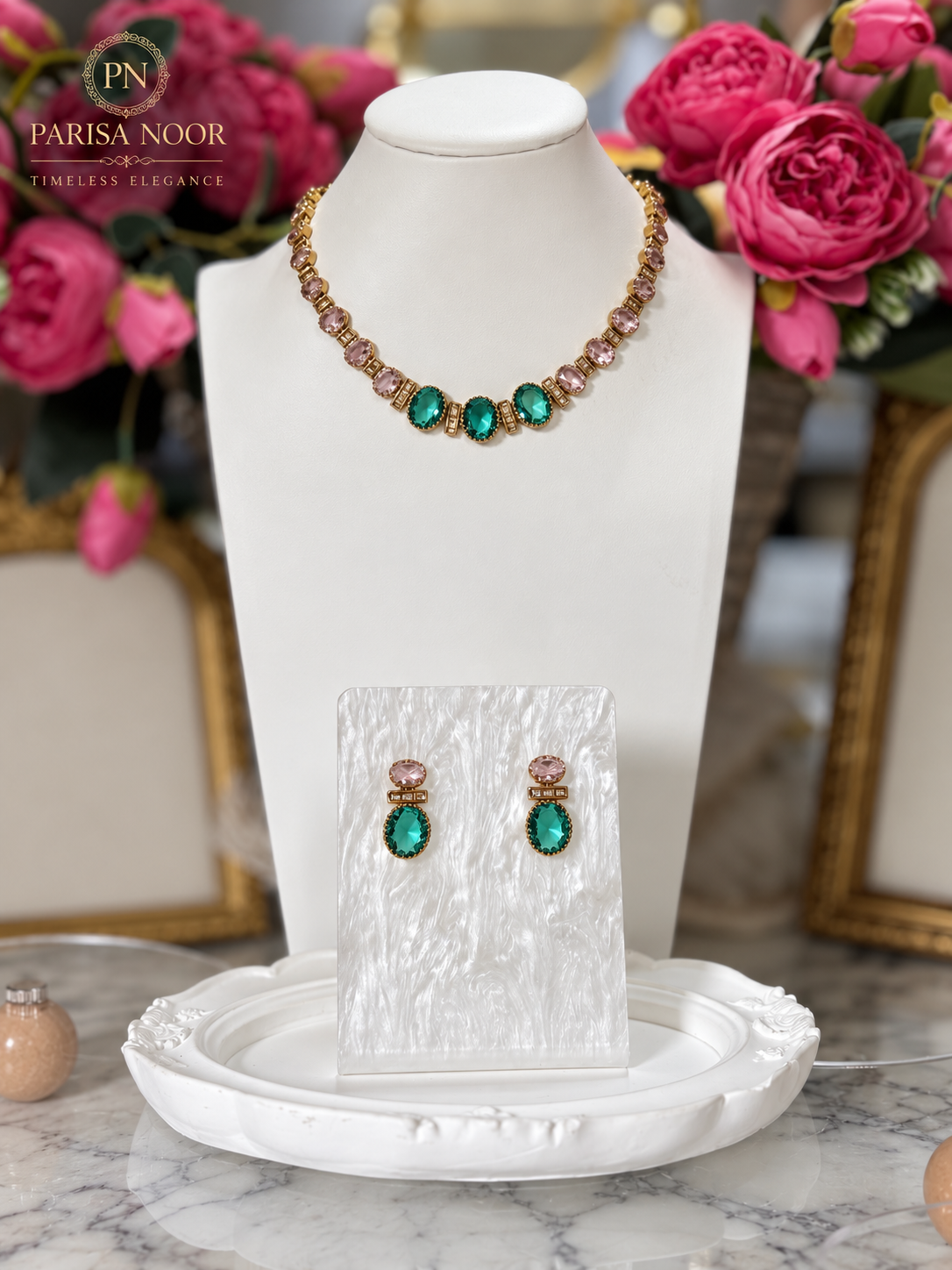 Liora Pink & Emerald Victorian AD Necklace Set