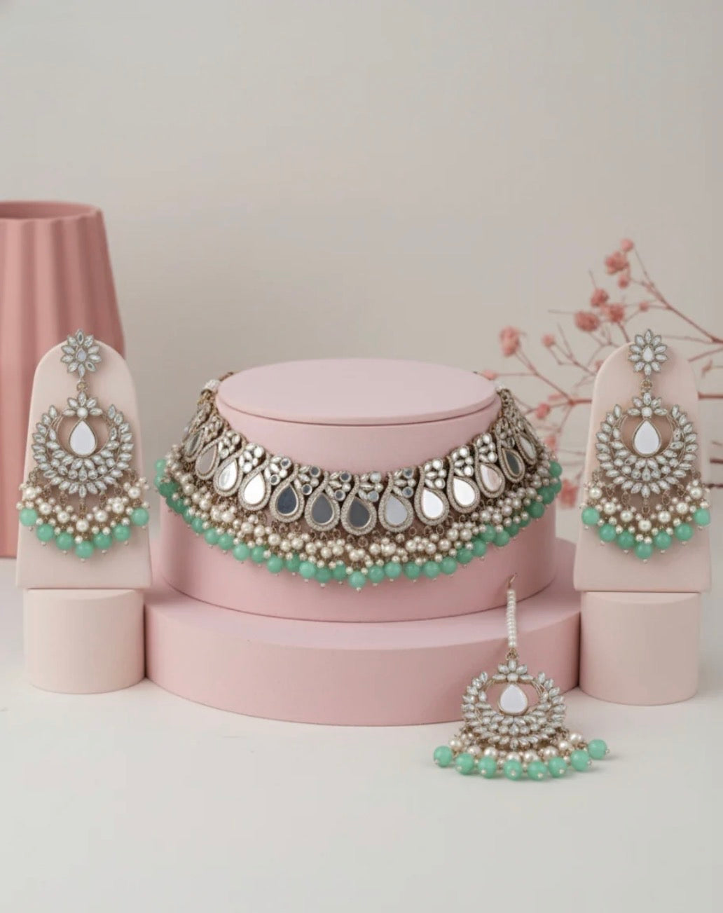 Disha Blush Mirror Necklace Earrings & Maangteeka