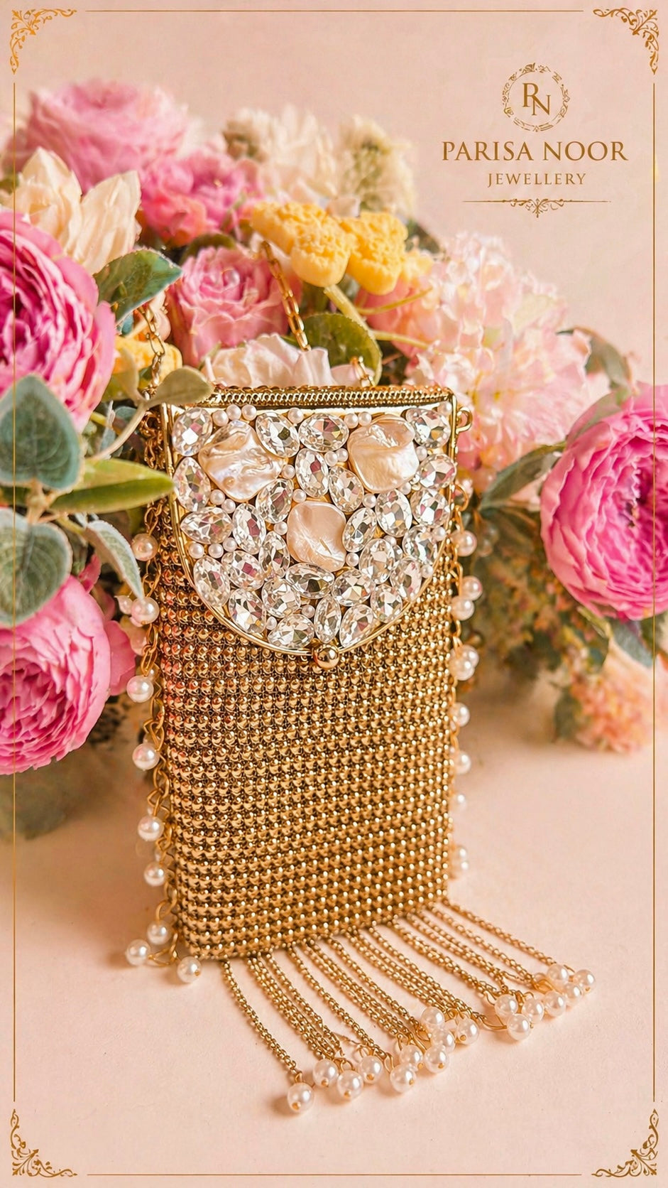 Brass Mother of Pearl Mobile Clutch Bag Gold