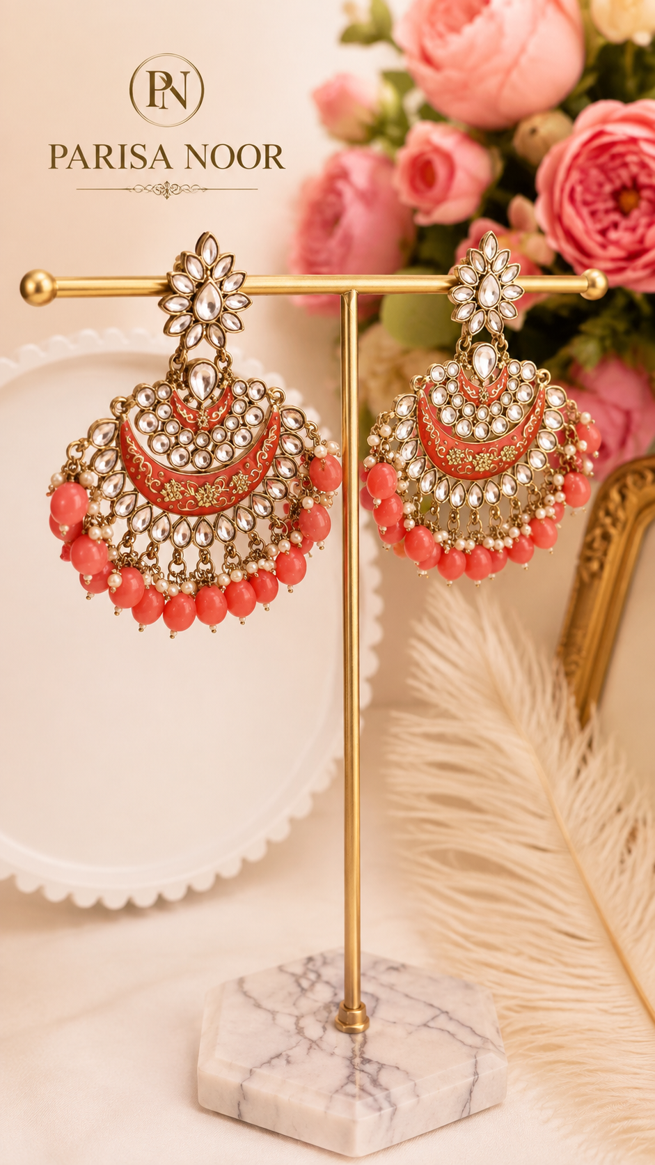 Rimjhim Kundan Meenakari Chandbali Earrings Coral Pink