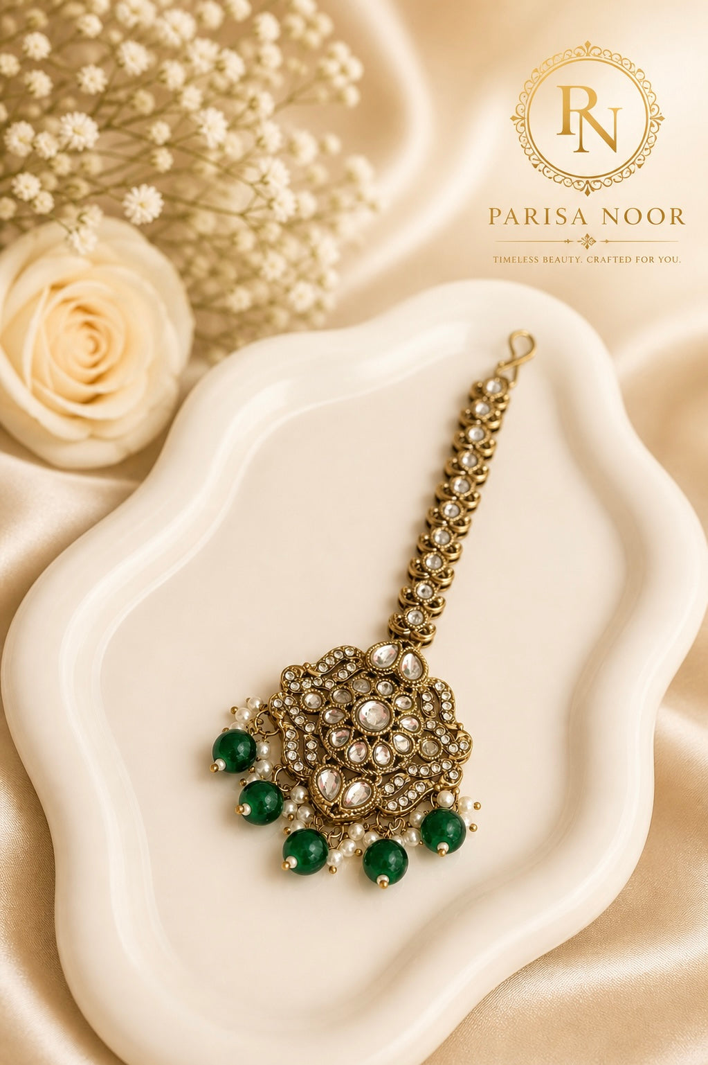 Sharvari Green Premium Necklace Set with Earring and Teeka