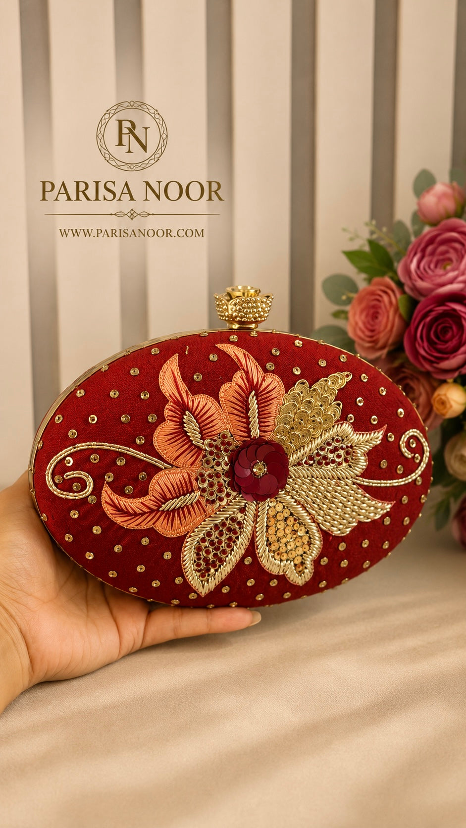 Elena Red Oval Embroidered Clutch