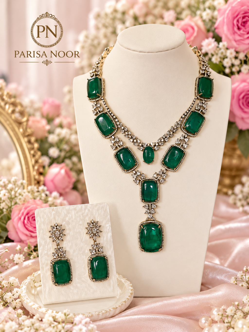 Zarevisha Emerald Green Luxury Semi-Long Necklace Set