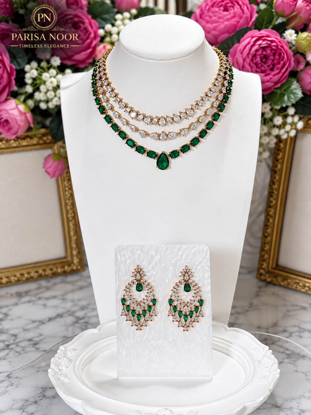 Avelora Layered Emerald Victorian AD Necklace Set