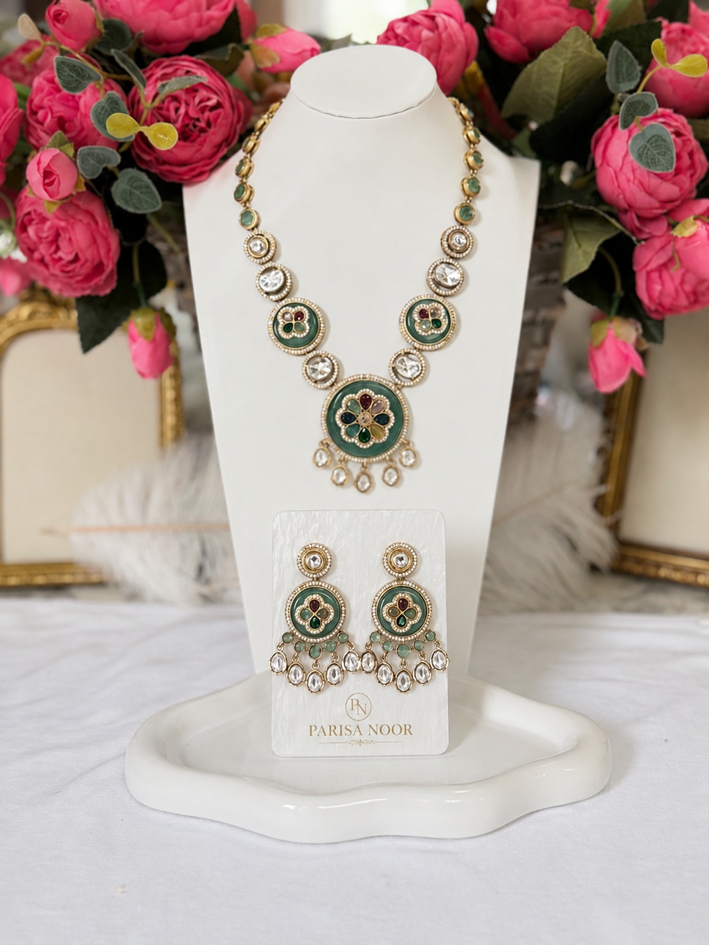 Meherza Mint Multicolour Designer Semi-Long Necklace Set
