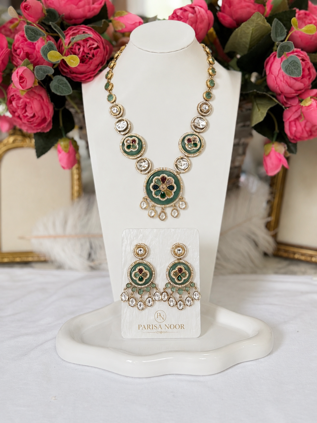 Meherza Mint Multicolour Designer Semi-Long Necklace Set