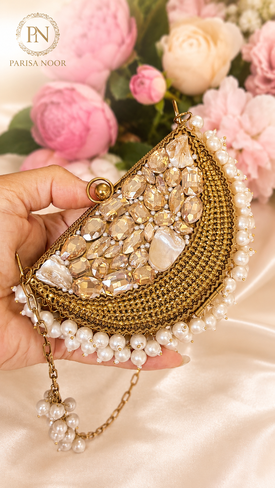Luna Luxe Half Moon Pearl Crystal Mini Clutch