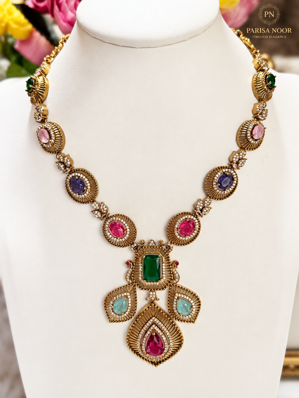 Kashira Multicolour Semi-Long Heritage AD Necklace Set