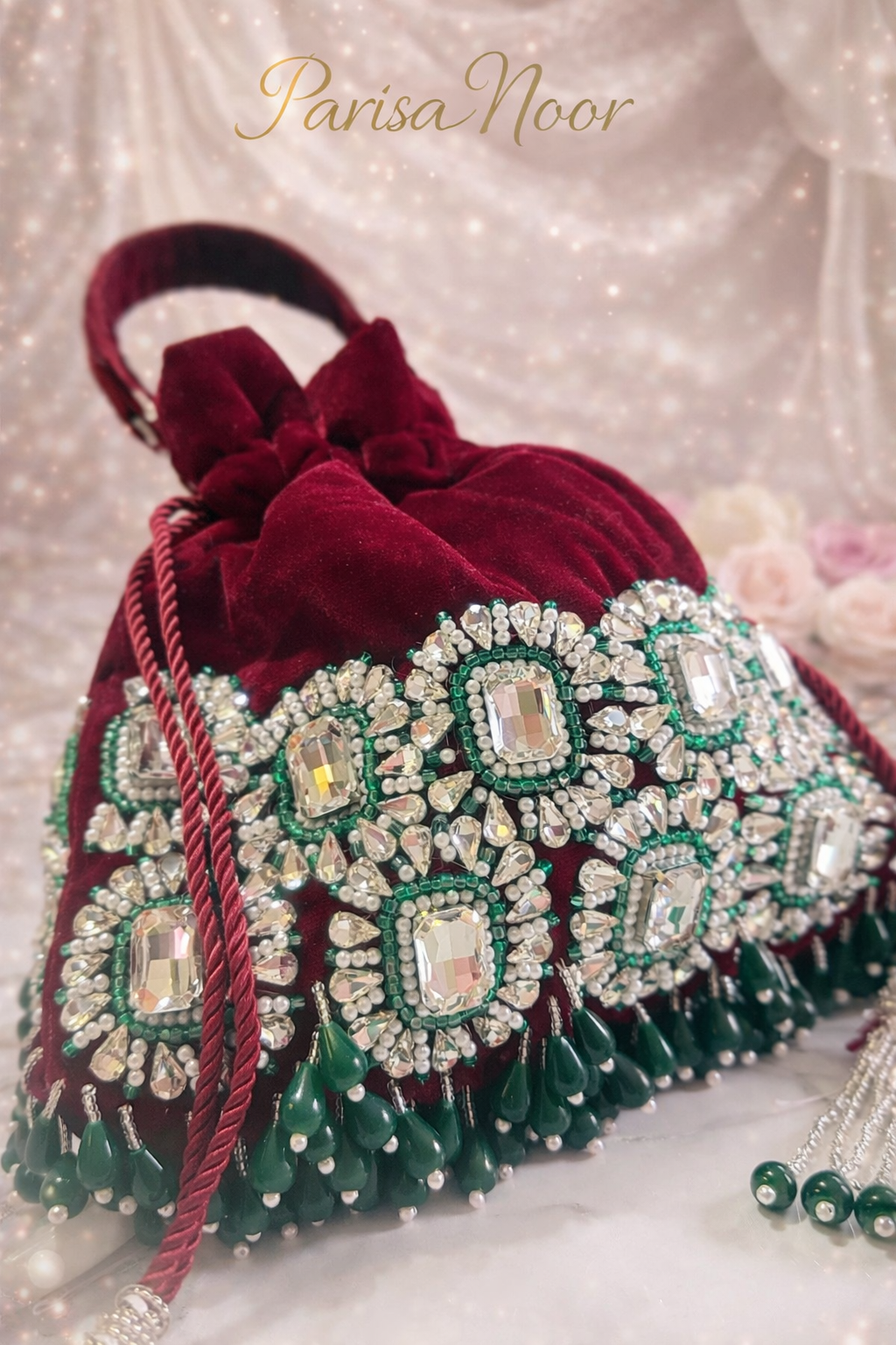 Meheunisa Maroon Velvet Green Kundan Potli