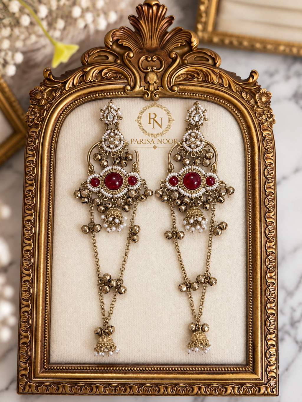 Ruhbina Ruby Champagne Gold Kashmiri Ghungru Earrings