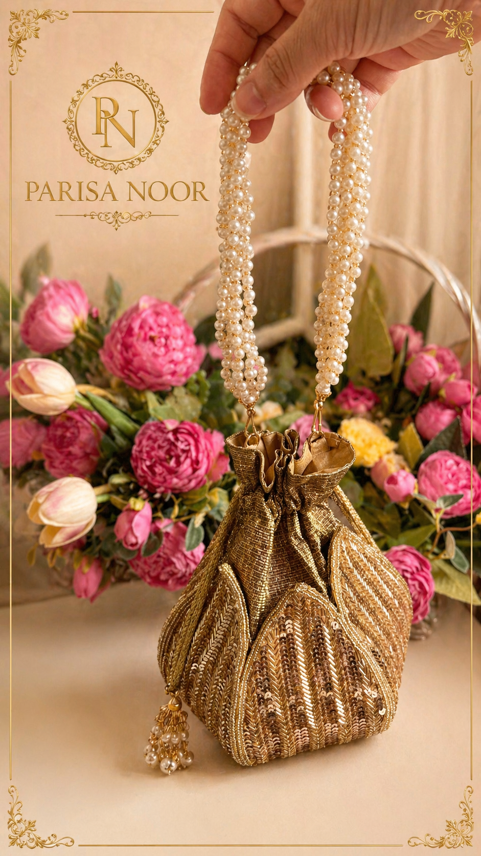 Aurelia Gold Lotus Potli Bag