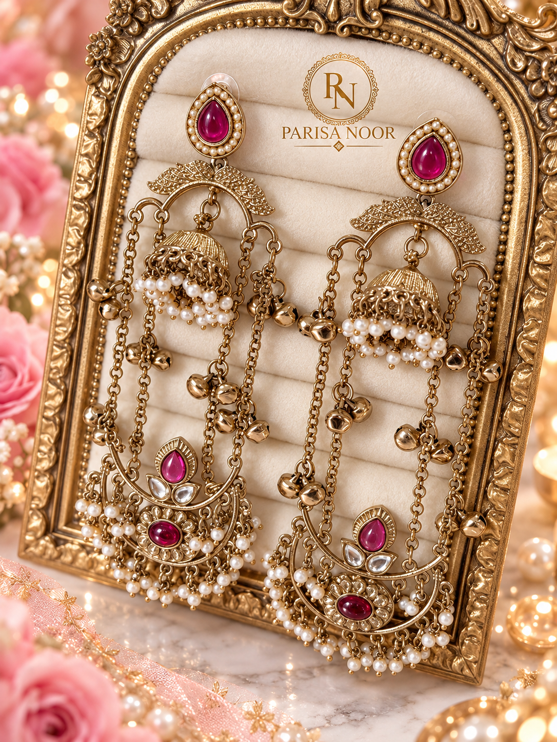 Mahrika Ruby Pink Champagne Ghungru Earrings