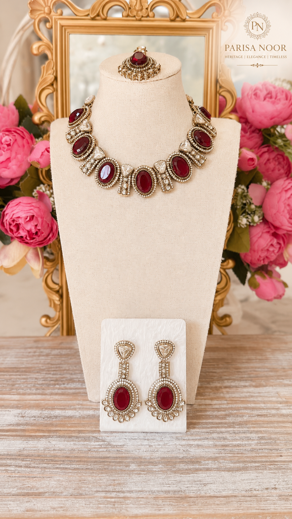 Rumena Garnet Polki Kundan Necklace Set