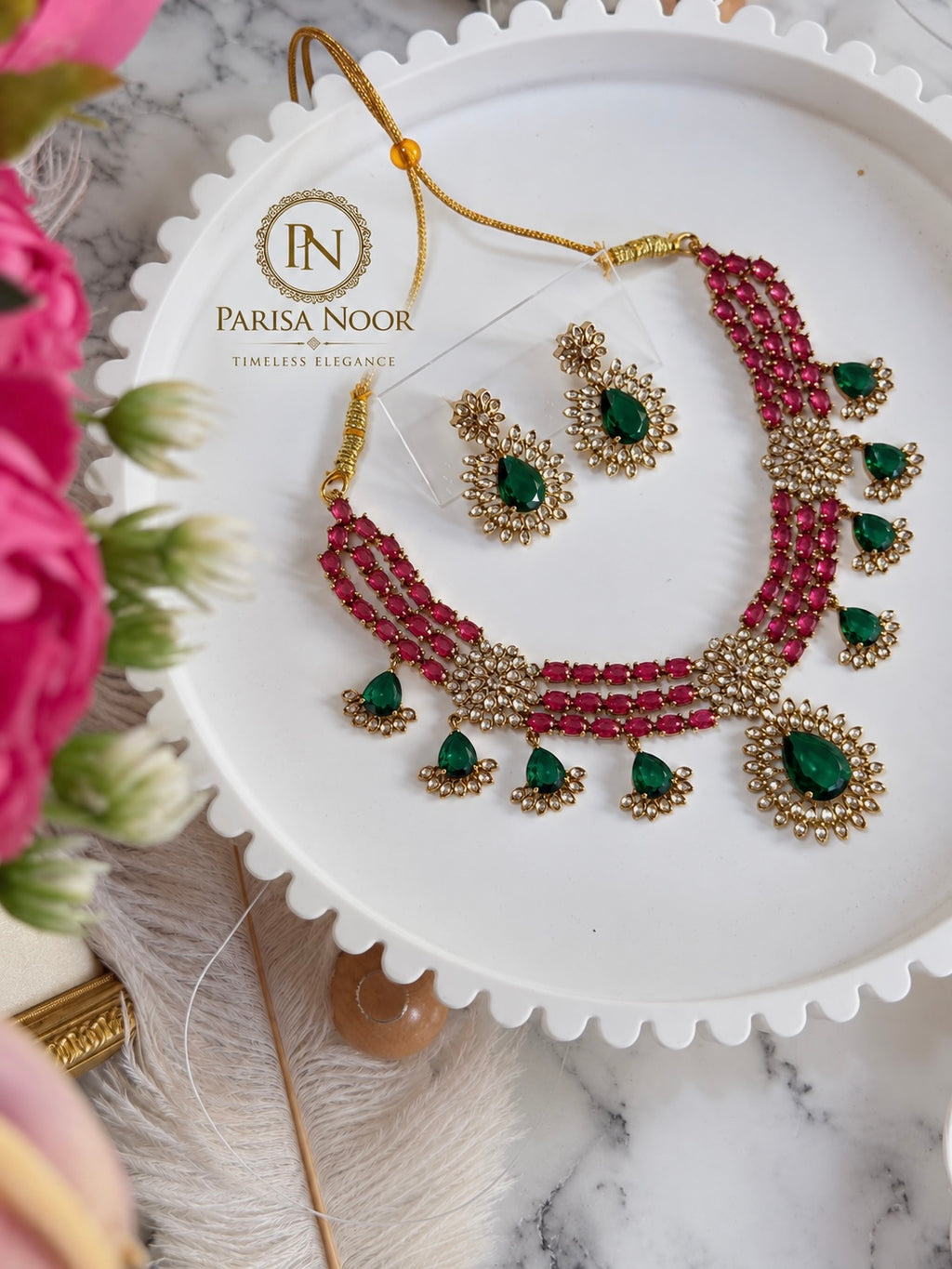 Zarisha Ruby Pink Emerald Designer Necklace Set