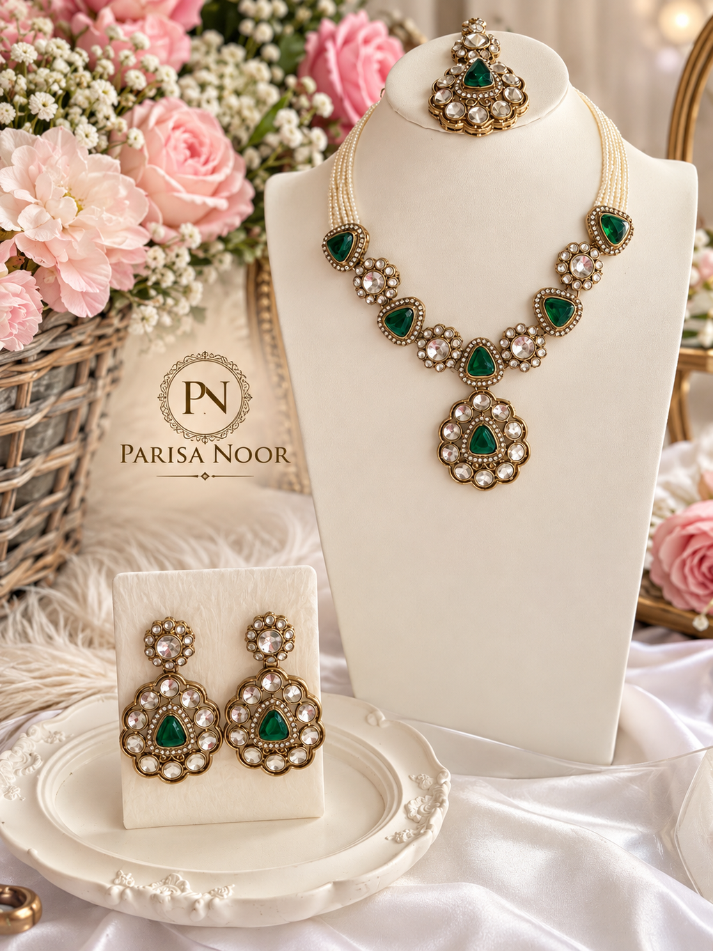 Mehrvani Emerald Green Polki Kundan Necklace Set