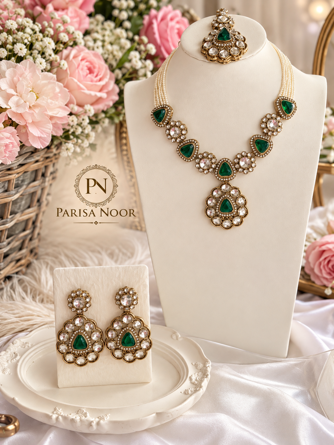 Mehrvani Emerald Green Polki Kundan Necklace Set