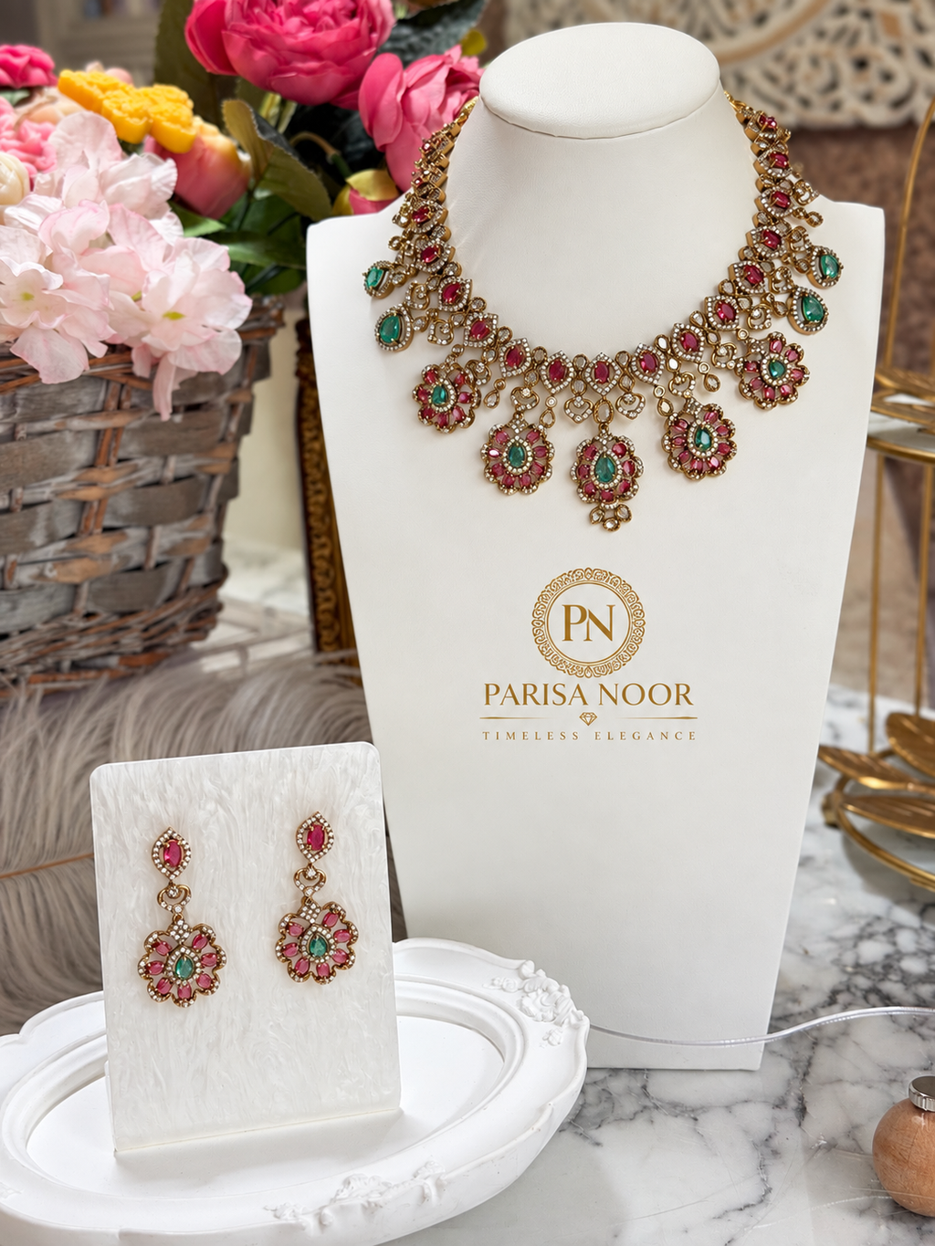 Ravisha Designer Premium Victorian AD Moissanite Necklace Set