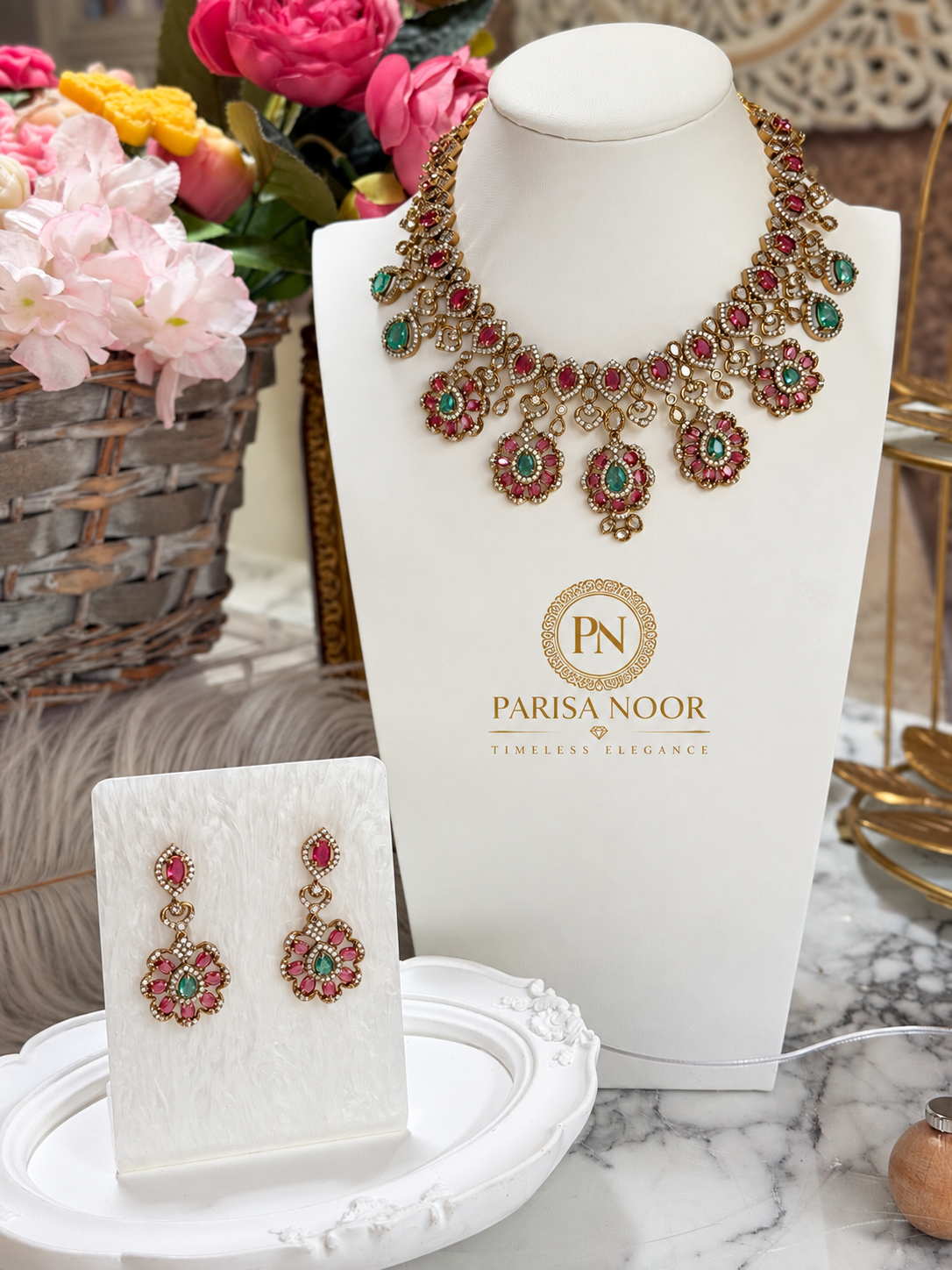 Ravisha Designer Premium Victorian AD Moissanite Necklace Set
