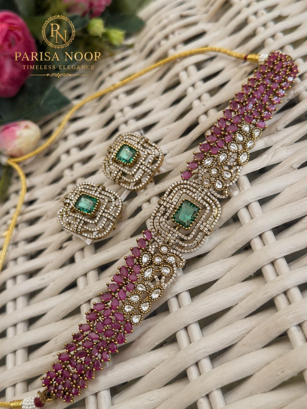 Rose Emerald Luxury Victorian Choker Necklace Set
