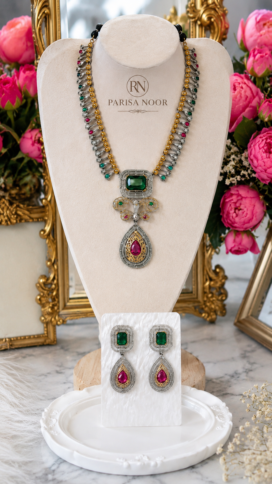 Saharika Oxidised Emerald Pendant Necklace Set
