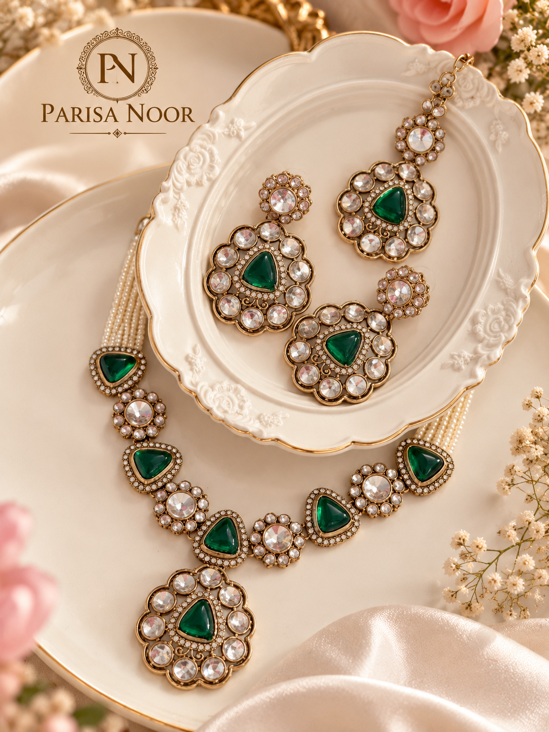 Mehrvani Emerald Green Polki Kundan Necklace Set