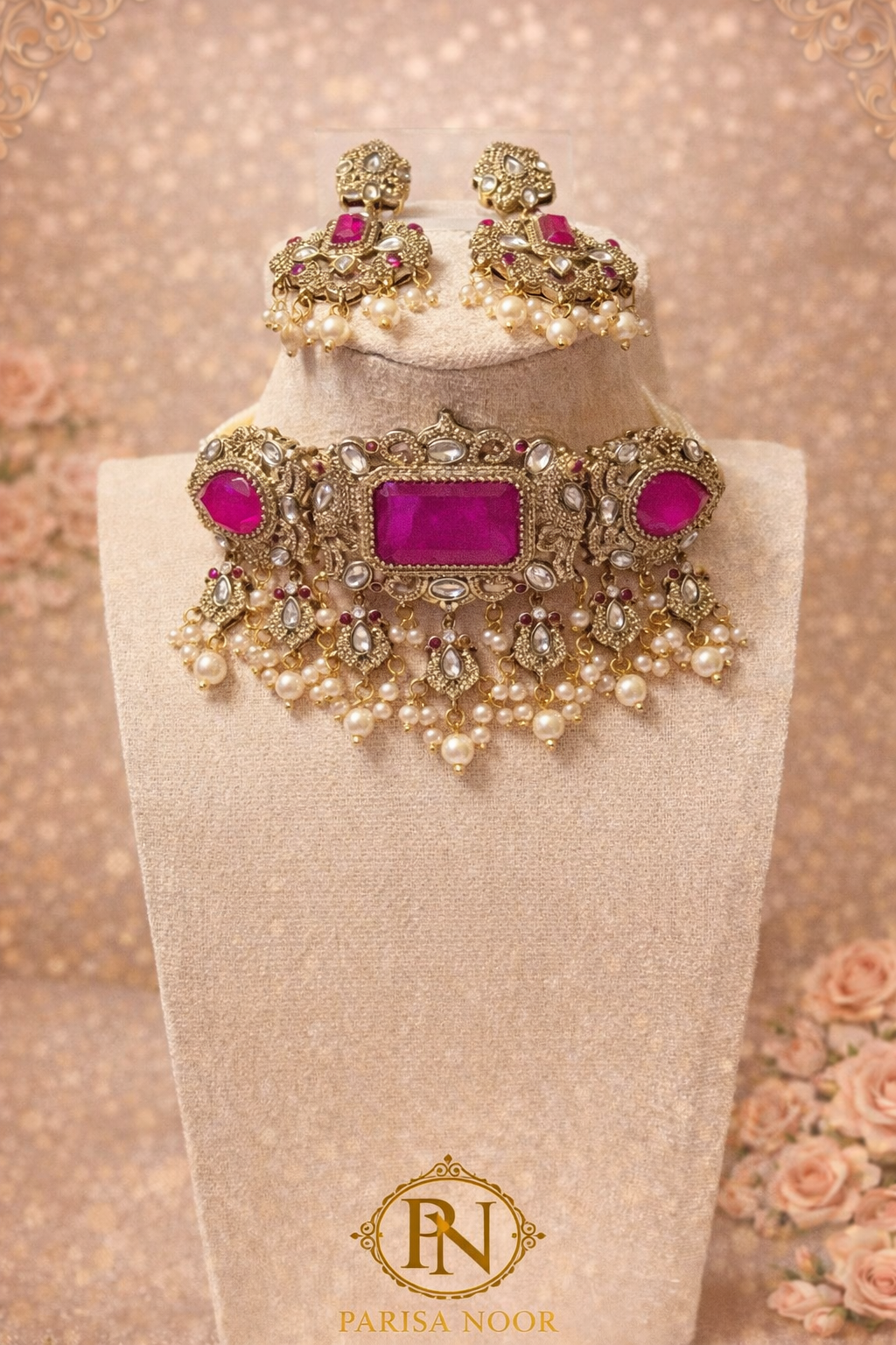 Hayat Victorian Choker Necklace Set - Pink
