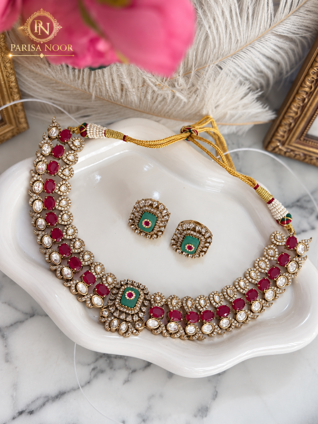 Elvaira Ruby Pink & Mint Green Premium Victorian Designer Necklace Set