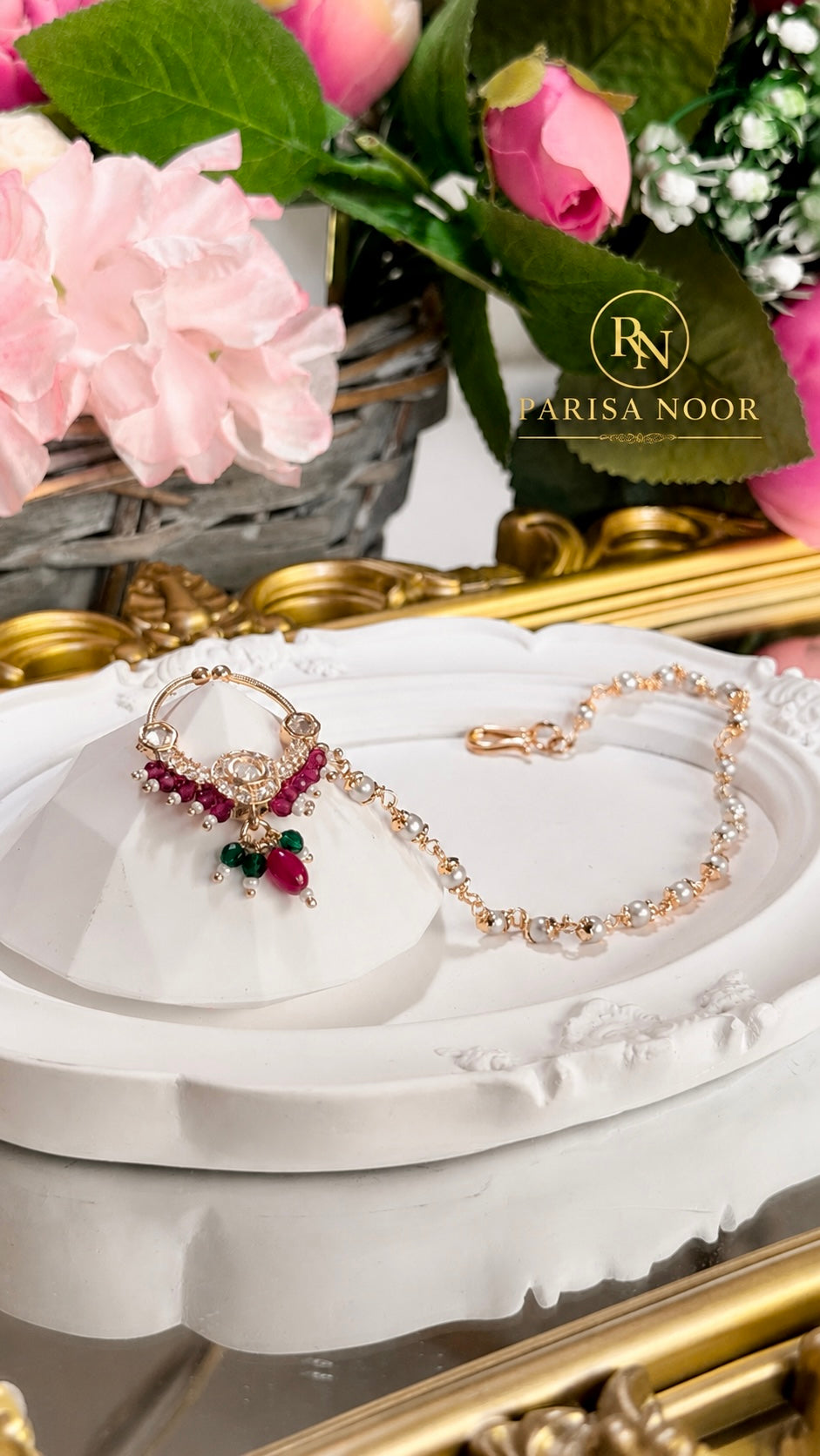 Saakhi Moissanite Nose Ring with Pearl Chain