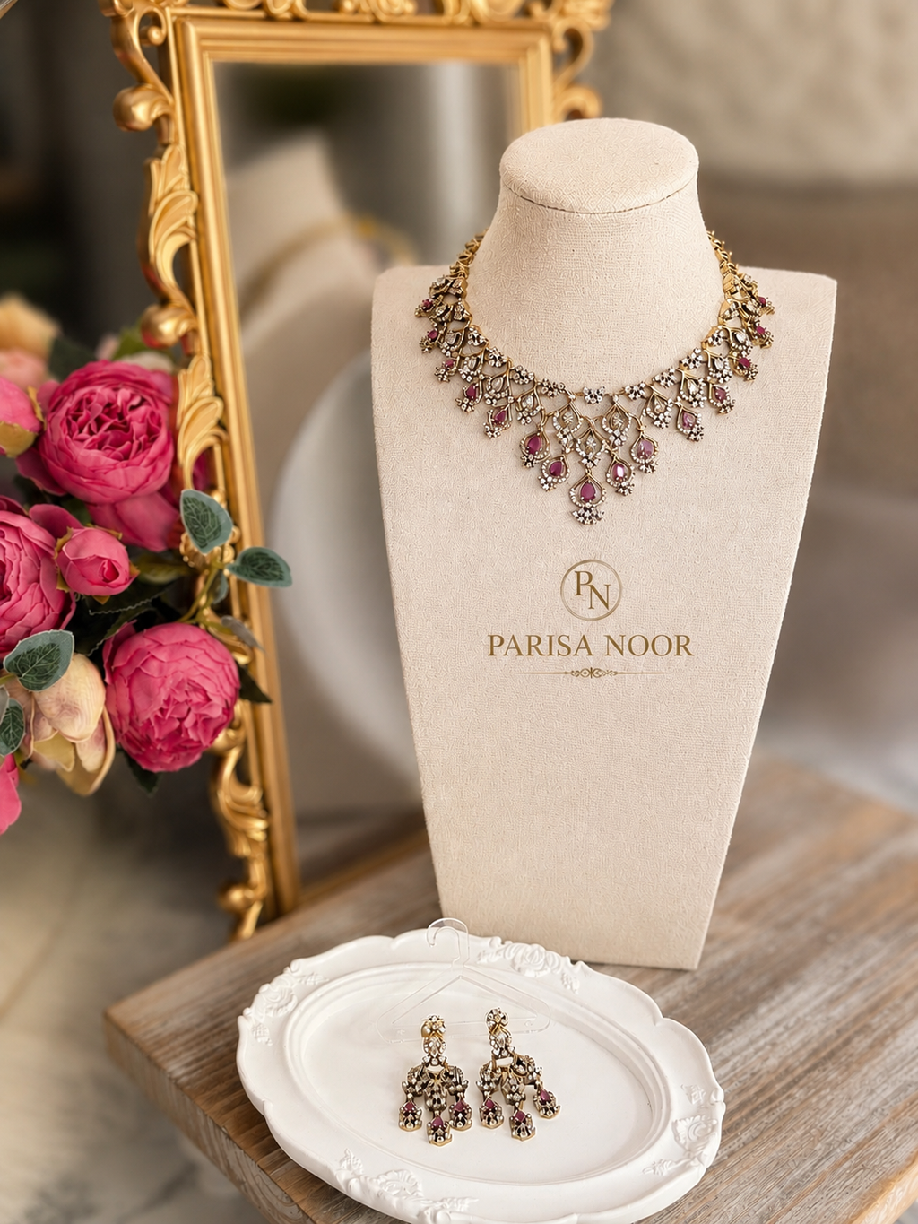 Rubaab Victorian Moissanite Necklace Set – Ruby Pink