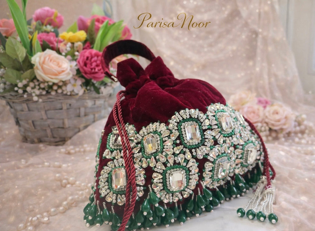 Meheunisa Maroon Velvet Green Kundan Potli